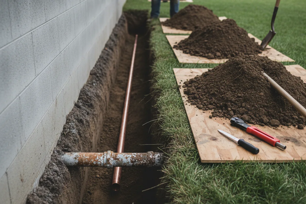 Excavated water line trench during Sewer Line Repair in Alum Creek